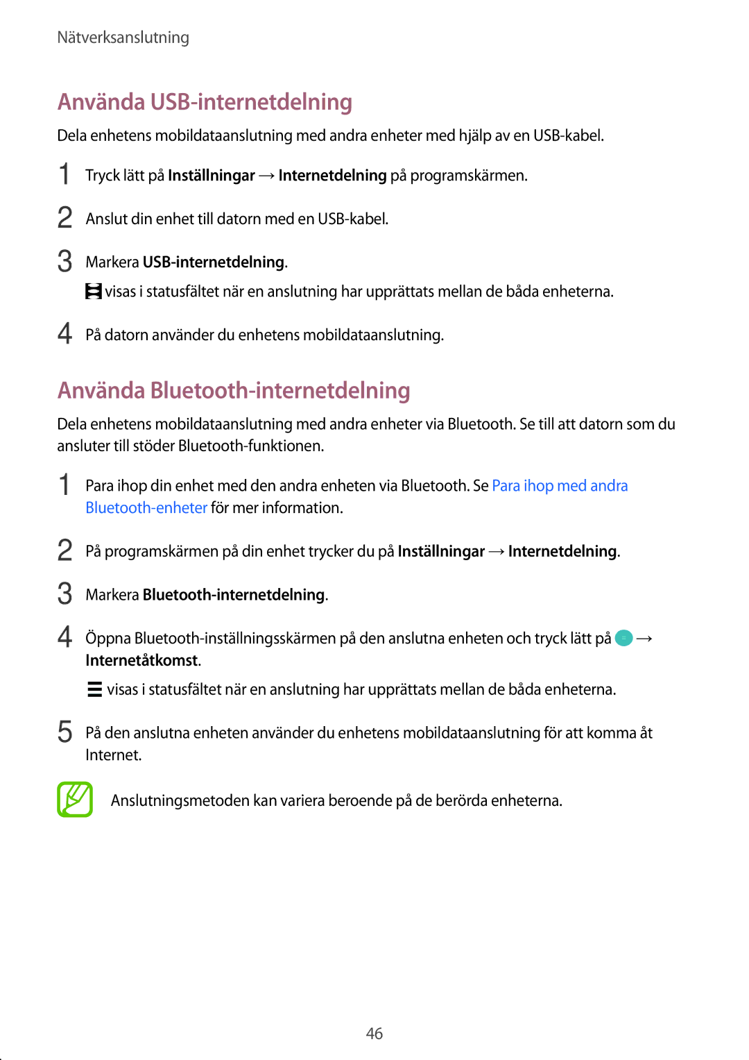 Samsung CG-G800FZKRNEE manual Använda USB-internetdelning, Använda Bluetooth-internetdelning, Markera USB-internetdelning 