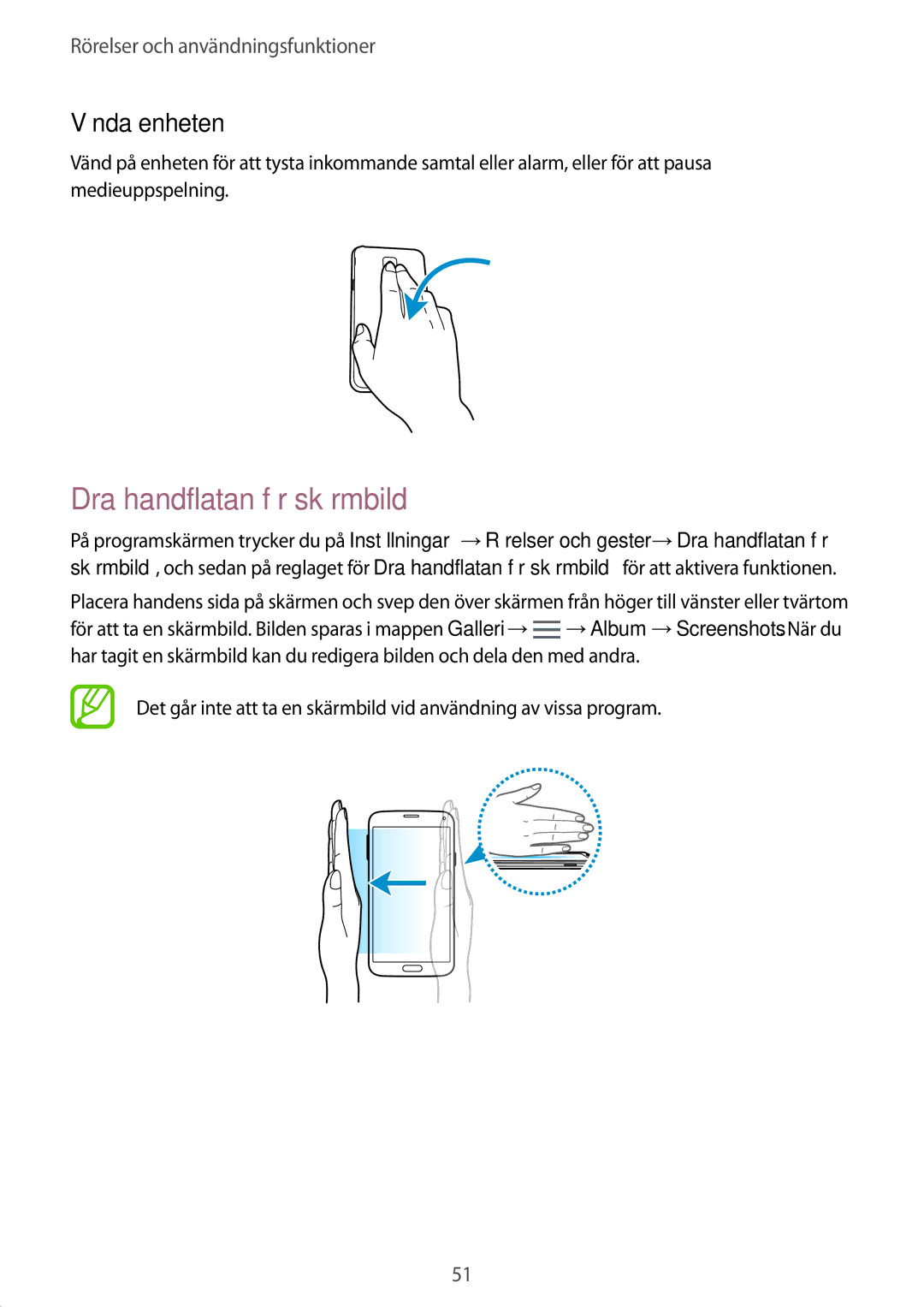 Samsung CG-G800FZKRNEE, SM-G800FZWANEE, SM-G800FZDANEE, SM-G800FZKANEE manual Dra handflatan för skärmbild, Vända enheten 