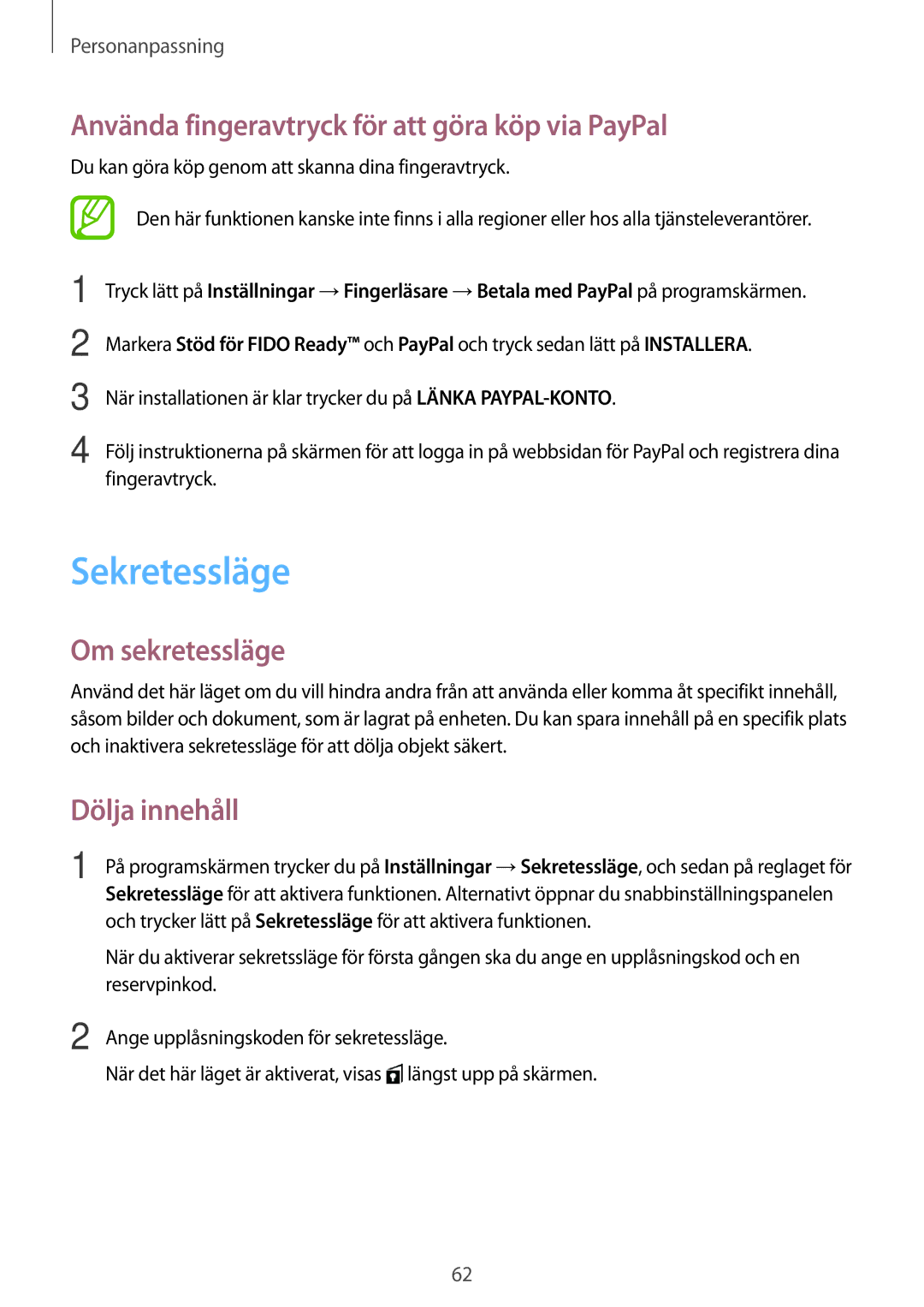 Samsung SM-G800FZDANEE Sekretessläge, Använda fingeravtryck för att göra köp via PayPal, Om sekretessläge, Dölja innehåll 