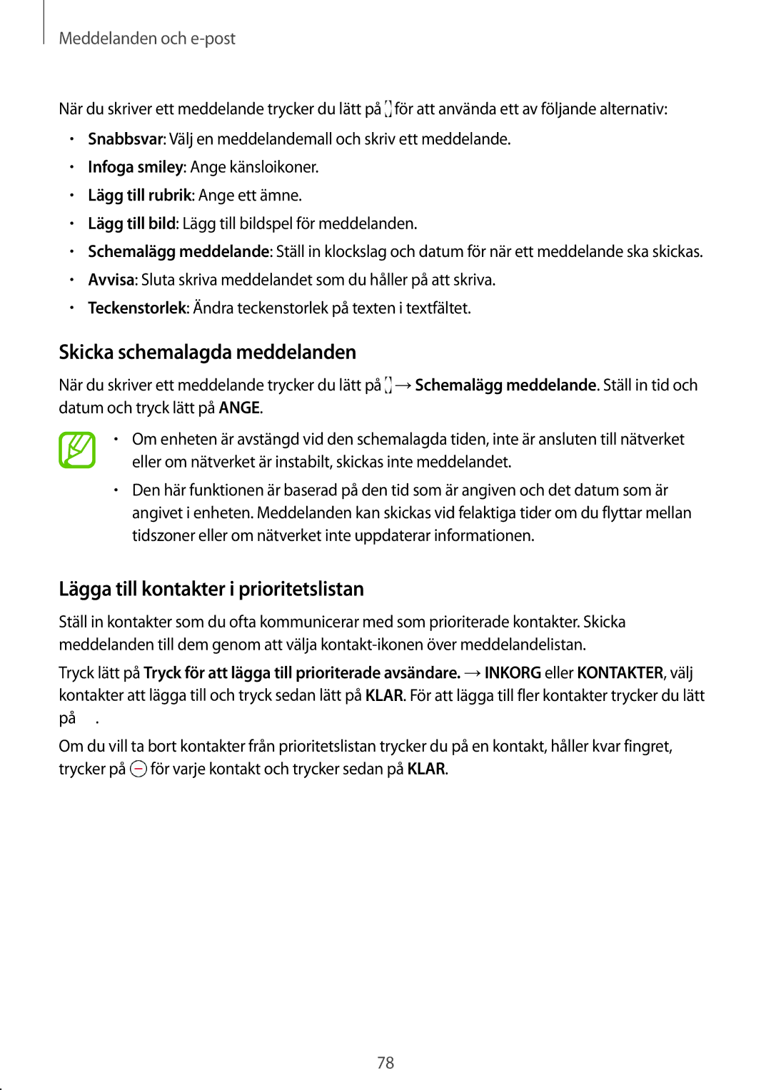 Samsung SM-G800FZKANEE, SM-G800FZWANEE manual Skicka schemalagda meddelanden, Lägga till kontakter i prioritetslistan 