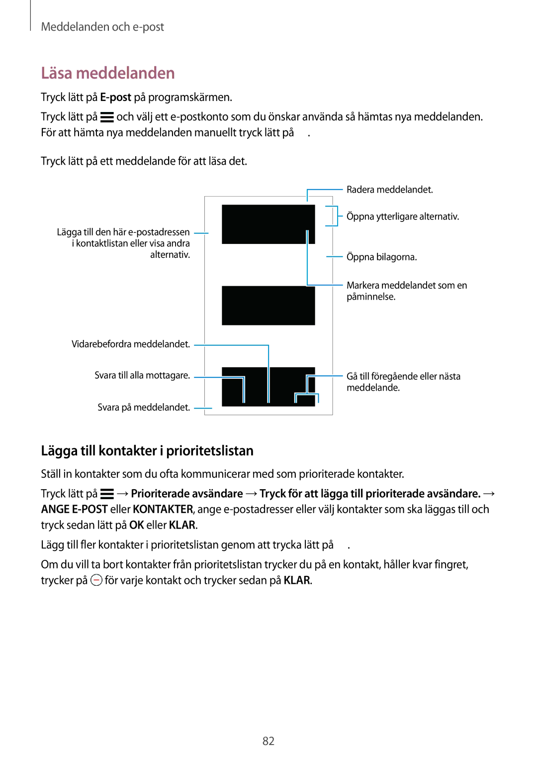 Samsung SM-G800FZDANEE, SM-G800FZWANEE, CG-G800FZKRNEE manual Läsa meddelanden, Lägga till kontakter i prioritetslistan 