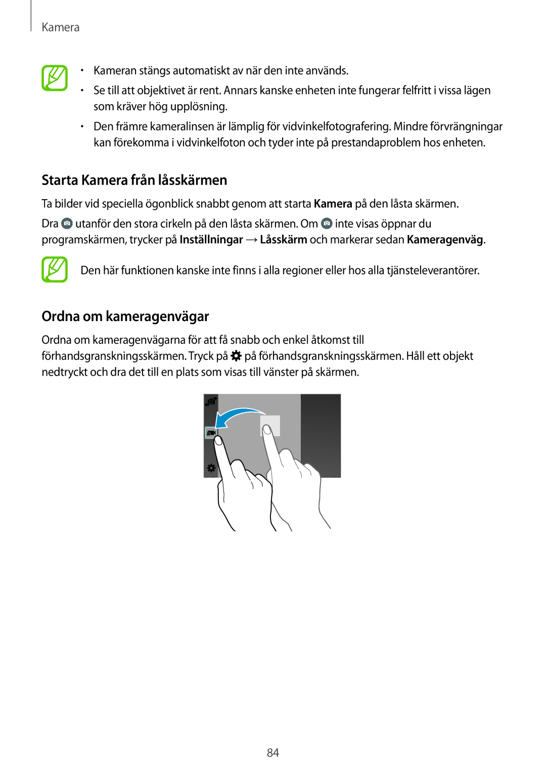 Samsung SM-G800FZBANEE, SM-G800FZWANEE, CG-G800FZKRNEE manual Starta Kamera från låsskärmen, Ordna om kameragenvägar 