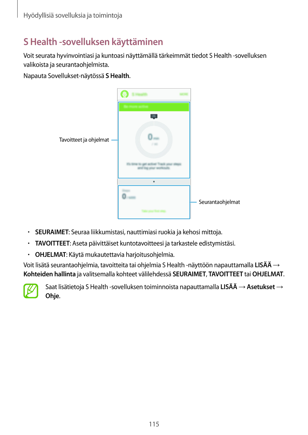 Samsung SM-G800FZWANEE, CG-G800FZKRNEE, SM-G800FZDANEE, SM-G800FZKANEE, SM-G800FZBANEE manual Health -sovelluksen käyttäminen 