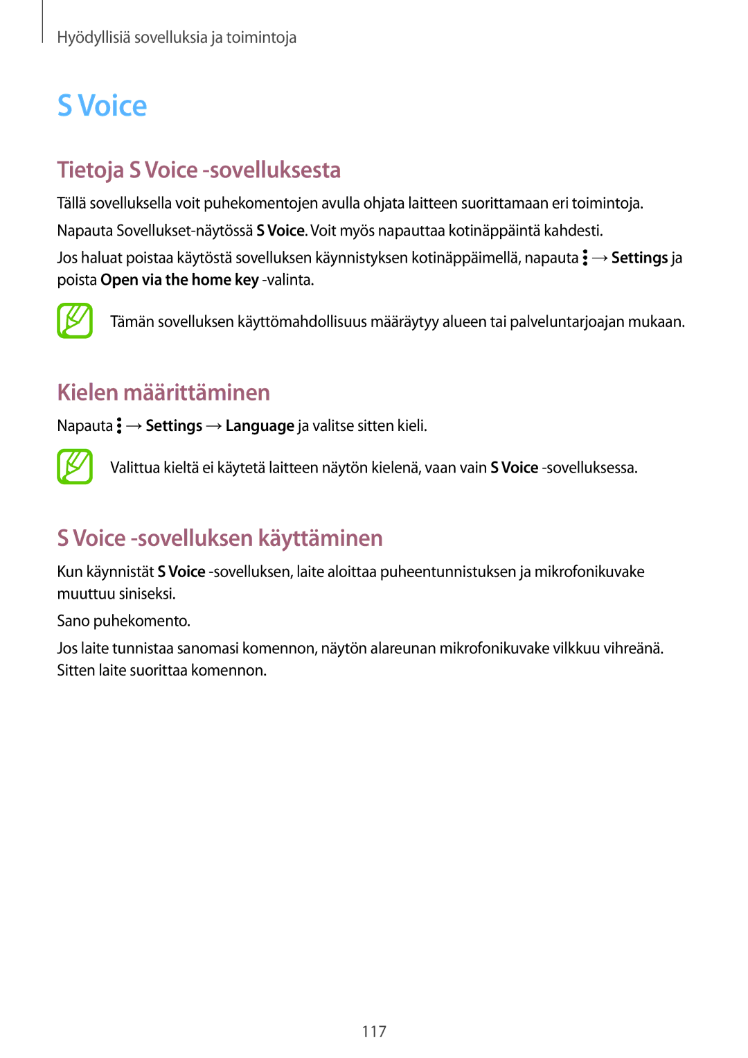 Samsung SM-G800FZDANEE manual Tietoja S Voice -sovelluksesta, Kielen määrittäminen, Voice -sovelluksen käyttäminen 