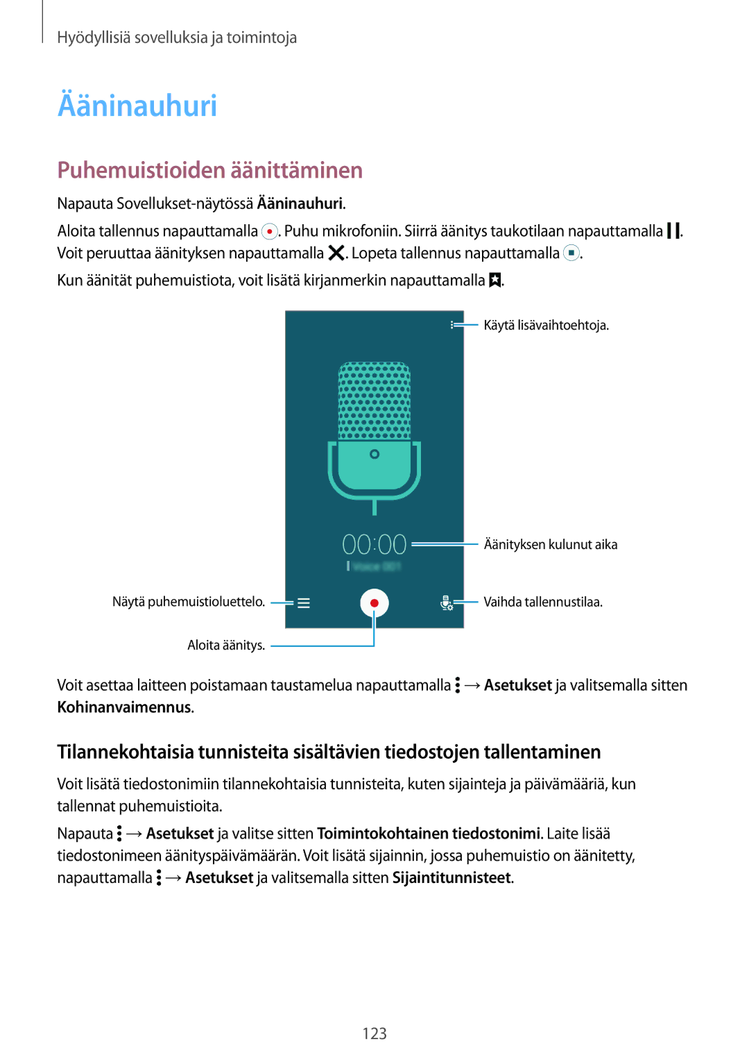 Samsung SM-G800FZKANEE, SM-G800FZWANEE manual Puhemuistioiden äänittäminen, Napauta Sovellukset-näytössä Ääninauhuri 