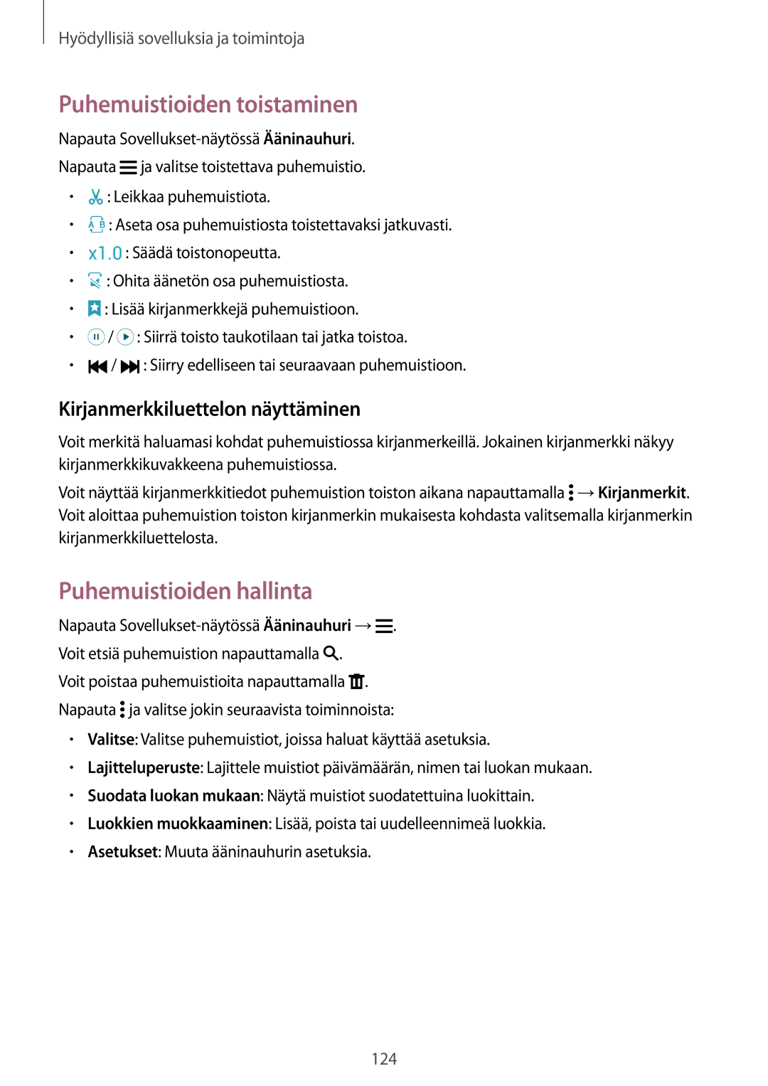 Samsung SM-G800FZBANEE manual Puhemuistioiden toistaminen, Puhemuistioiden hallinta, Kirjanmerkkiluettelon näyttäminen 