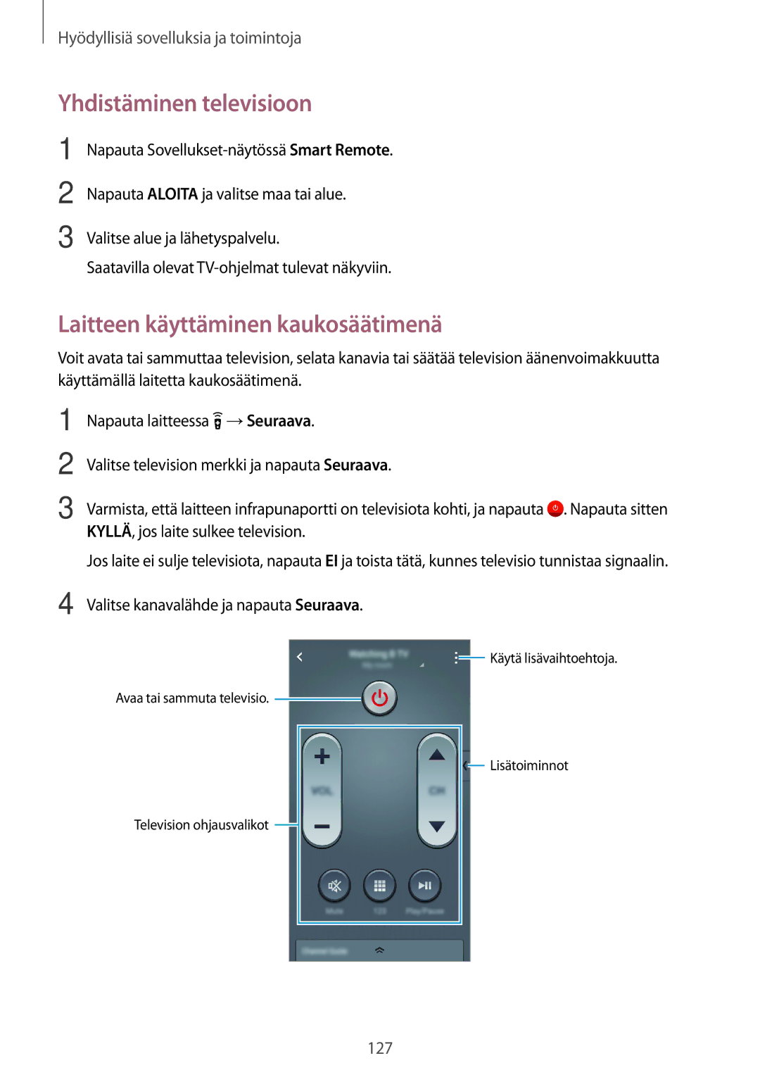 Samsung SM-G800FZDANEE, SM-G800FZWANEE, CG-G800FZKRNEE manual Yhdistäminen televisioon, Laitteen käyttäminen kaukosäätimenä 