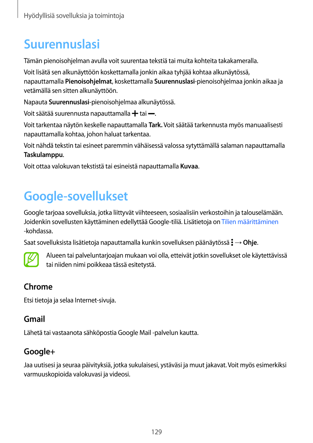 Samsung SM-G800FZBANEE, SM-G800FZWANEE manual Suurennuslasi, Google-sovellukset, Etsi tietoja ja selaa Internet-sivuja 