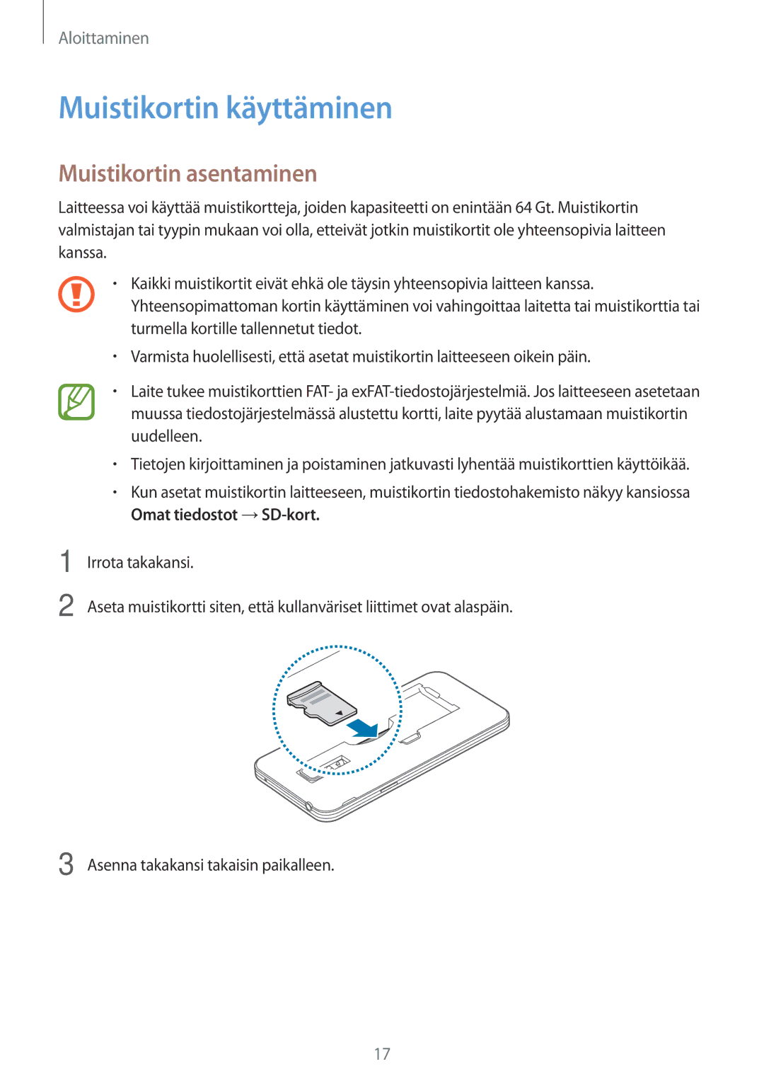 Samsung SM-G800FZDANEE, SM-G800FZWANEE, CG-G800FZKRNEE, SM-G800FZKANEE Muistikortin käyttäminen, Muistikortin asentaminen 