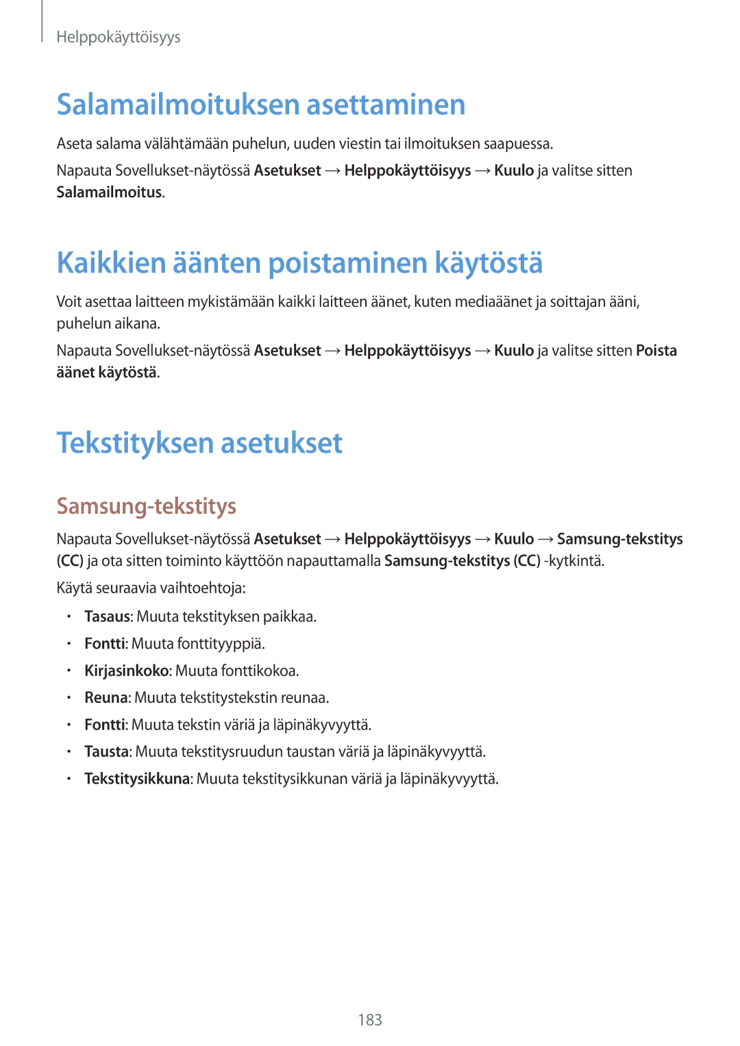 Samsung SM-G800FZKANEE manual Salamailmoituksen asettaminen, Kaikkien äänten poistaminen käytöstä, Tekstityksen asetukset 