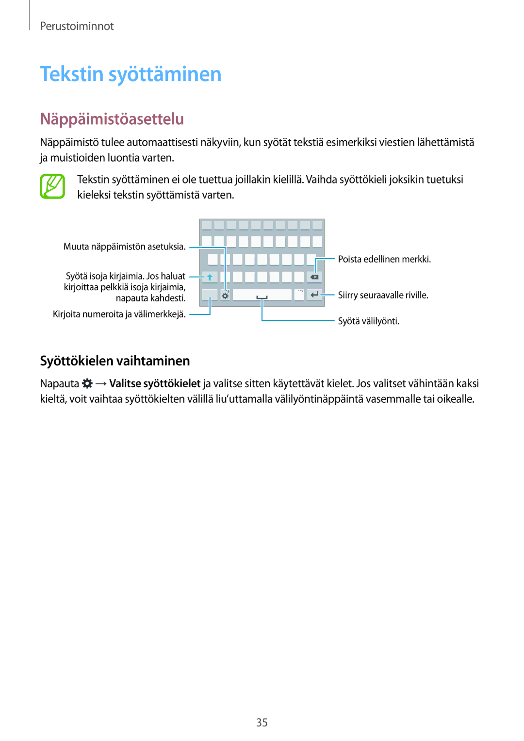 Samsung SM-G800FZWANEE, CG-G800FZKRNEE, SM-G800FZDANEE Tekstin syöttäminen, Näppäimistöasettelu, Syöttökielen vaihtaminen 