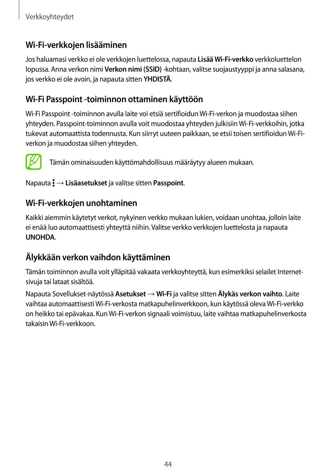 Samsung SM-G800FZBANEE, SM-G800FZWANEE manual Wi-Fi-verkkojen lisääminen, Wi-Fi Passpoint -toiminnon ottaminen käyttöön 