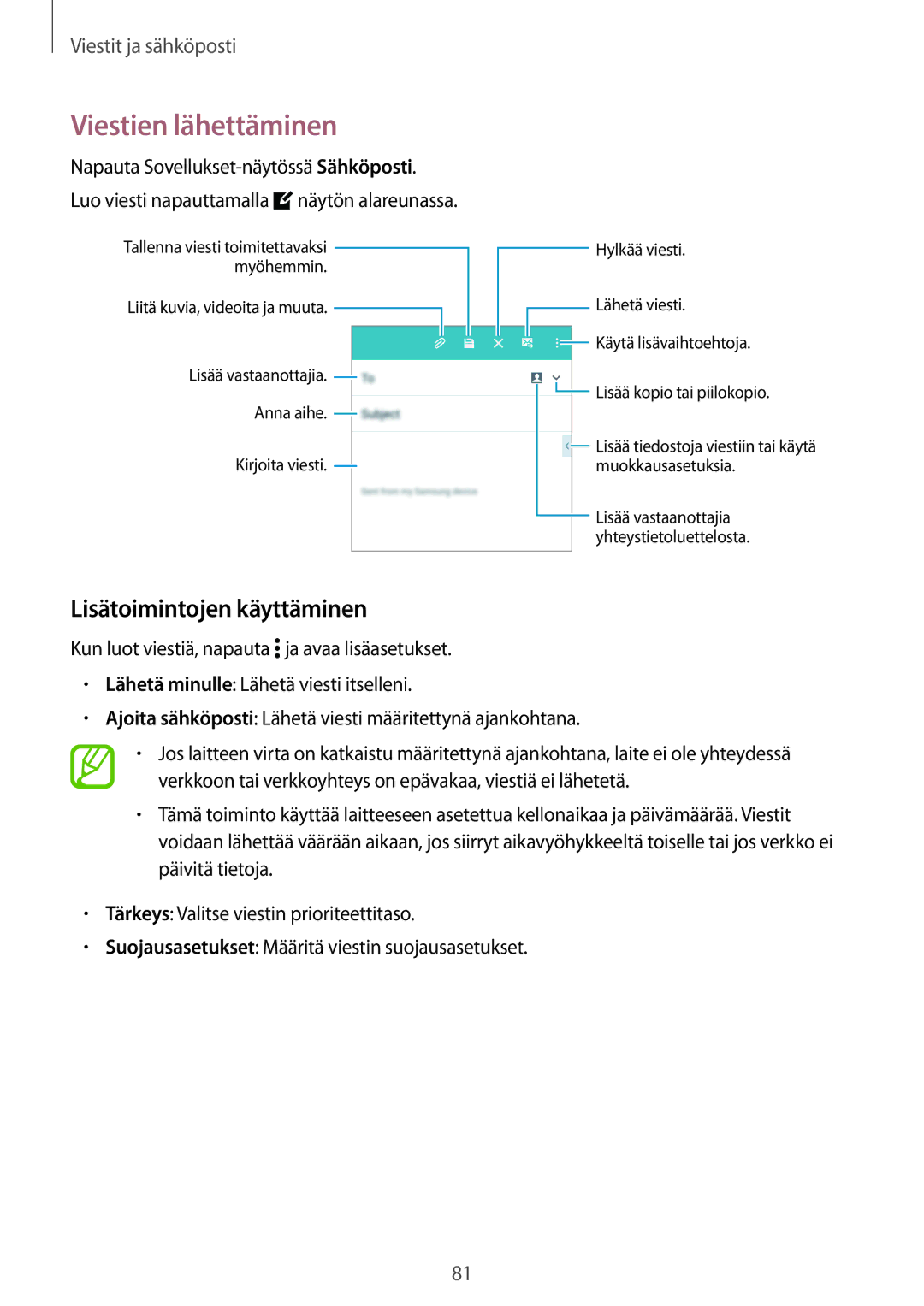 Samsung CG-G800FZKRNEE, SM-G800FZWANEE, SM-G800FZDANEE Lisätoimintojen käyttäminen, Napauta Sovellukset-näytössä Sähköposti 