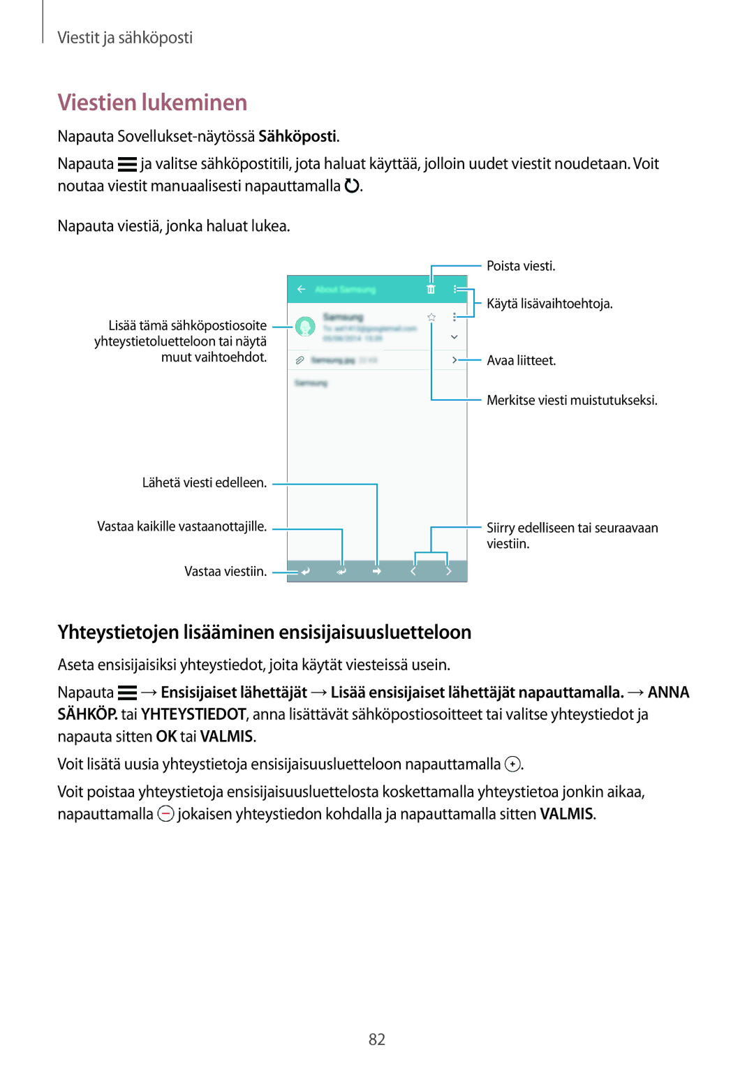 Samsung SM-G800FZDANEE, SM-G800FZWANEE manual Viestien lukeminen, Yhteystietojen lisääminen ensisijaisuusluetteloon 