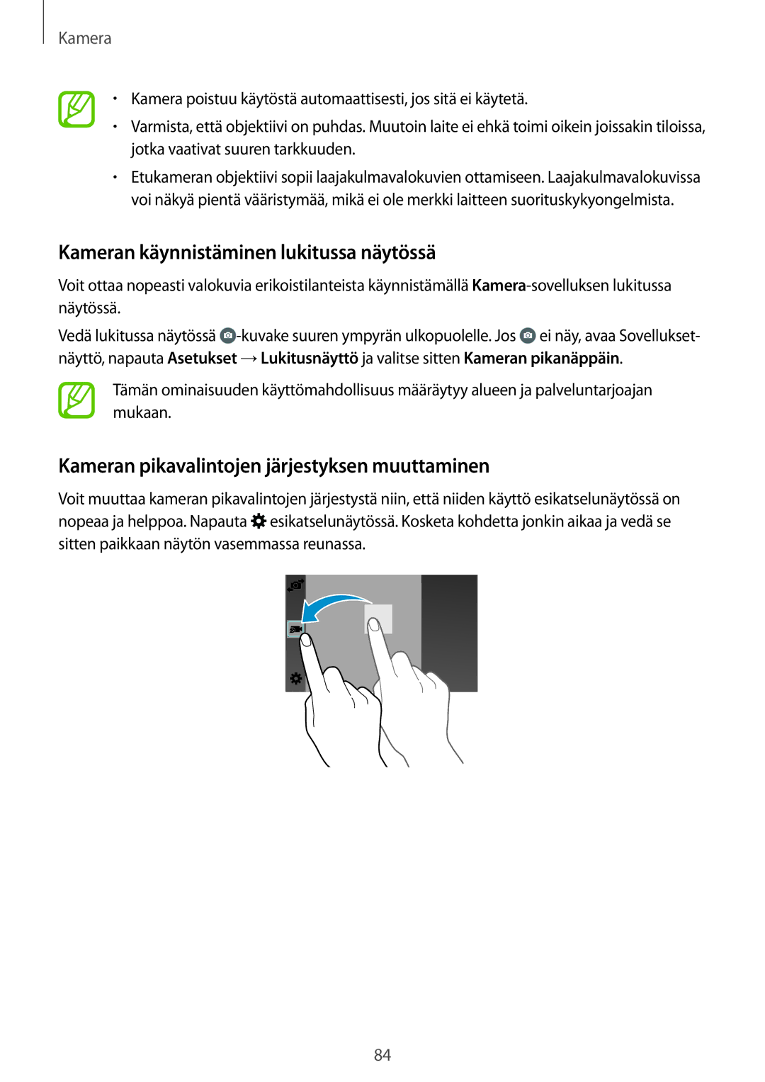 Samsung SM-G800FZBANEE manual Kameran käynnistäminen lukitussa näytössä, Kameran pikavalintojen järjestyksen muuttaminen 