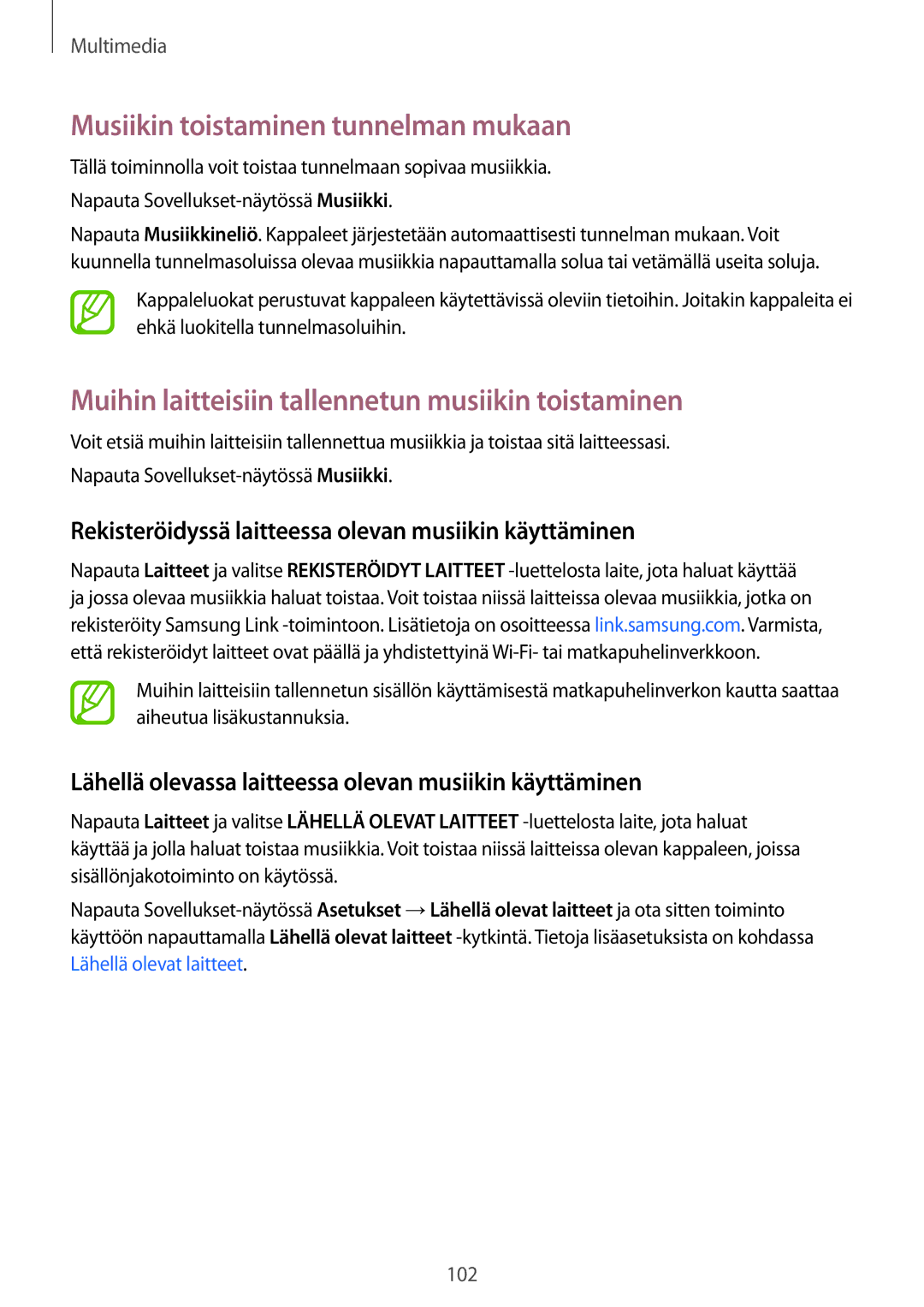 Samsung SM-G800FZDANEE manual Musiikin toistaminen tunnelman mukaan, Muihin laitteisiin tallennetun musiikin toistaminen 