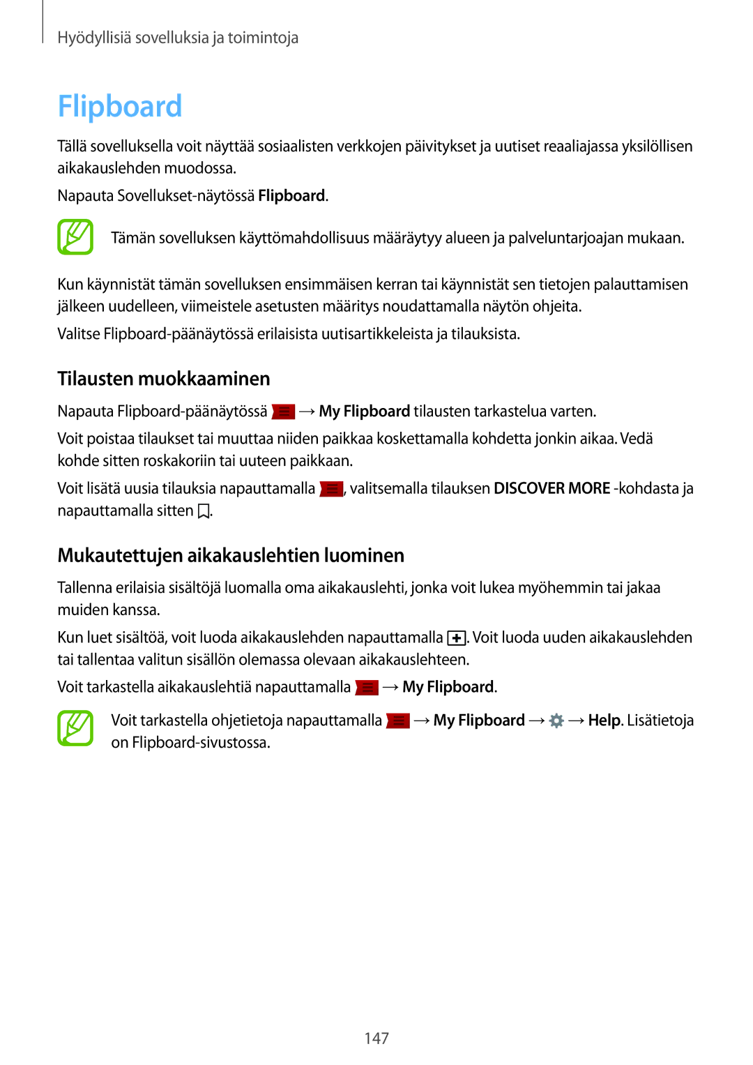 Samsung SM-G800FZDANEE, SM-G800FZWANEE manual Flipboard, Tilausten muokkaaminen, Mukautettujen aikakauslehtien luominen 