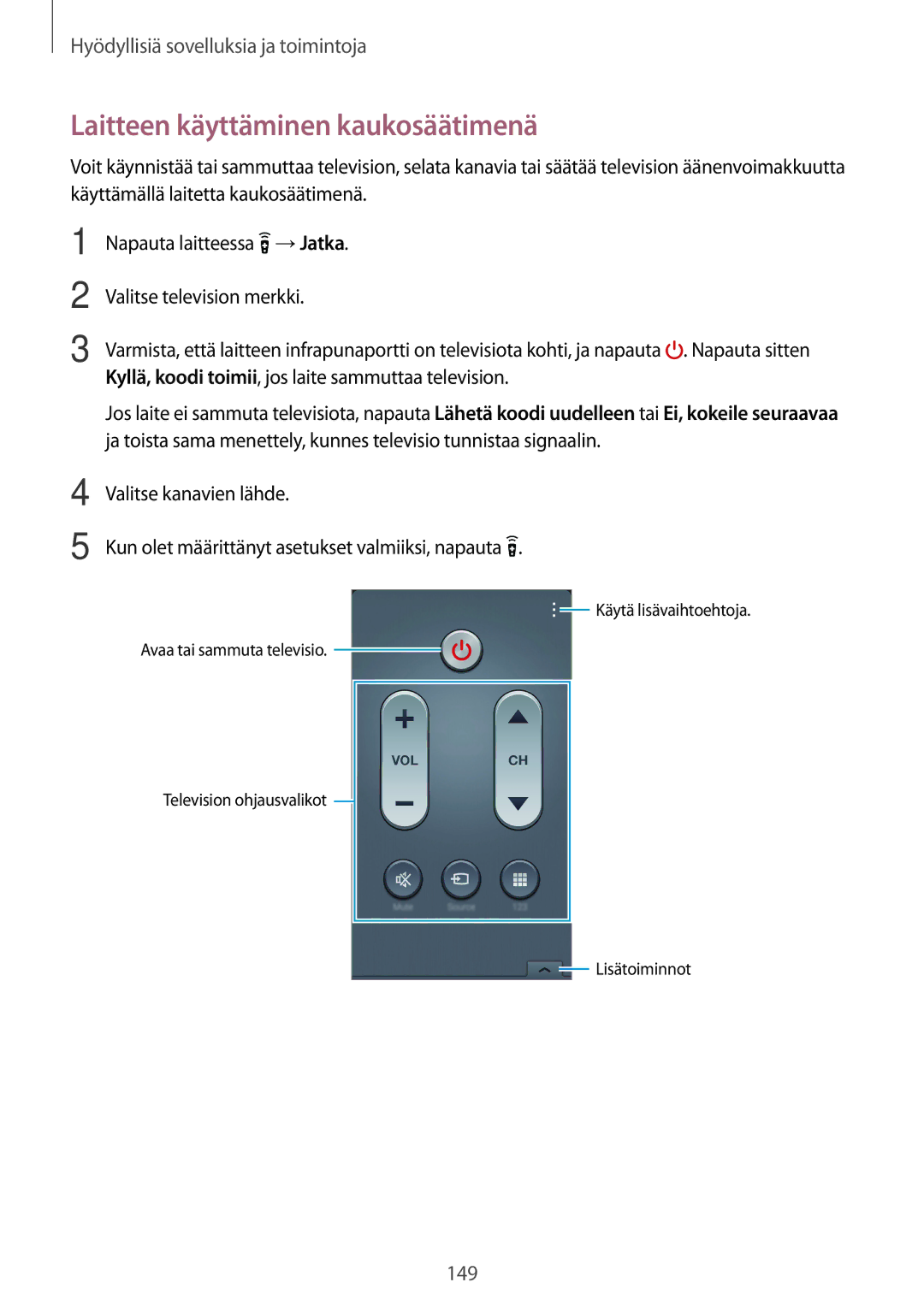 Samsung SM-G800FZBANEE, SM-G800FZWANEE, CG-G800FZKRNEE, SM-G800FZDANEE, SM-G800FZKANEE Laitteen käyttäminen kaukosäätimenä 