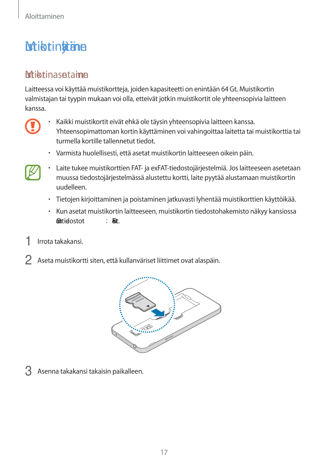 Samsung SM-G800FZDANEE, SM-G800FZWANEE, CG-G800FZKRNEE, SM-G800FZKANEE Muistikortin käyttäminen, Muistikortin asentaminen 