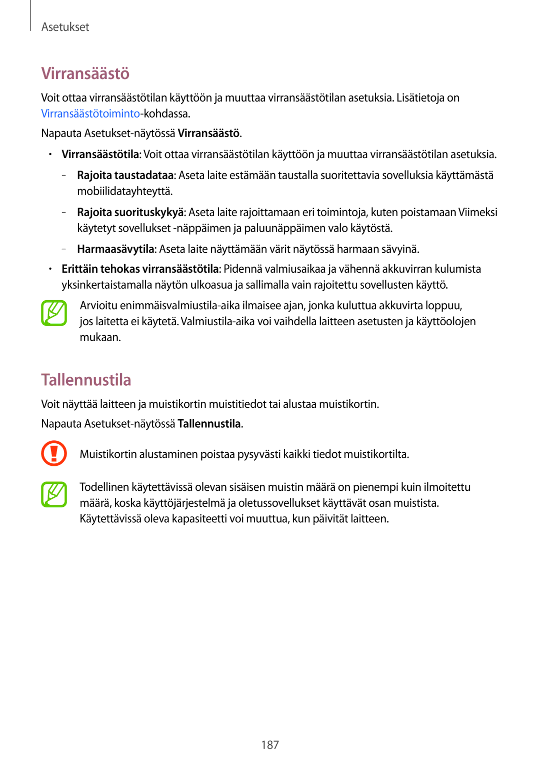 Samsung SM-G800FZDANEE, SM-G800FZWANEE, CG-G800FZKRNEE, SM-G800FZKANEE, SM-G800FZBANEE manual Virransäästö, Tallennustila 