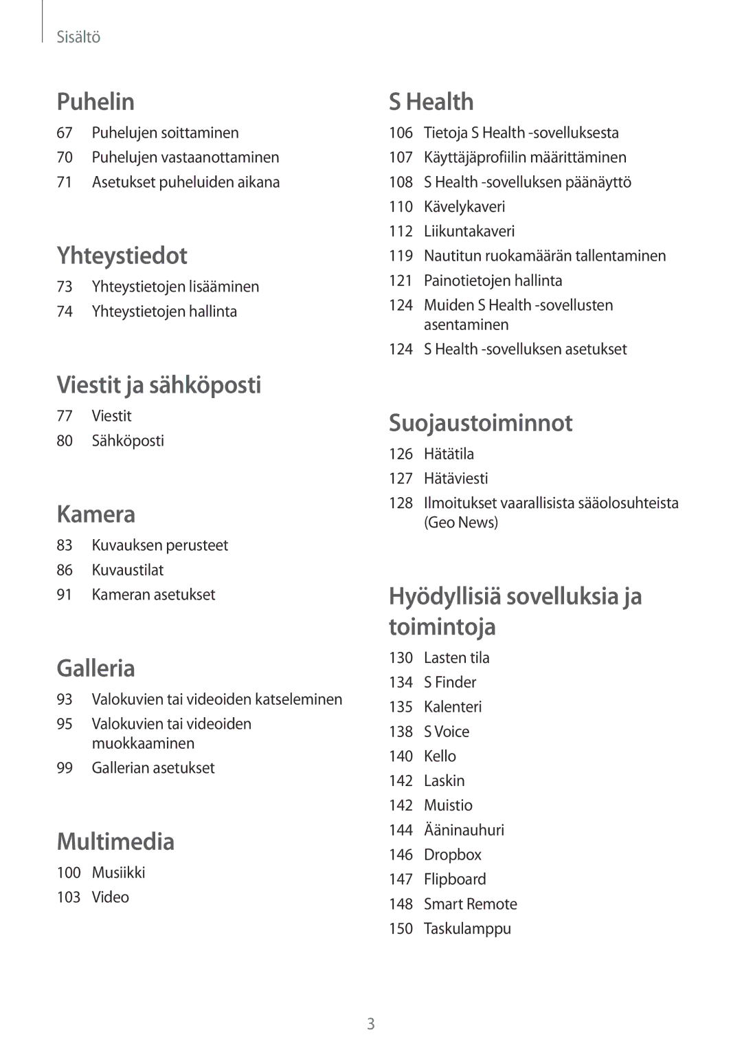 Samsung SM-G800FZKANEE manual Yhteystietojen lisääminen Yhteystietojen hallinta, Viestit 80 Sähköposti, Gallerian asetukset 