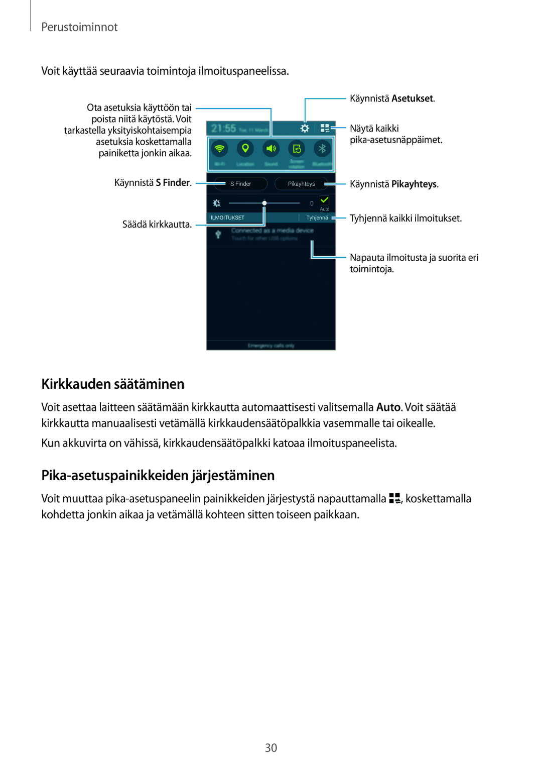 Samsung SM-G800FZWANEE, CG-G800FZKRNEE, SM-G800FZDANEE manual Kirkkauden säätäminen, Pika-asetuspainikkeiden järjestäminen 