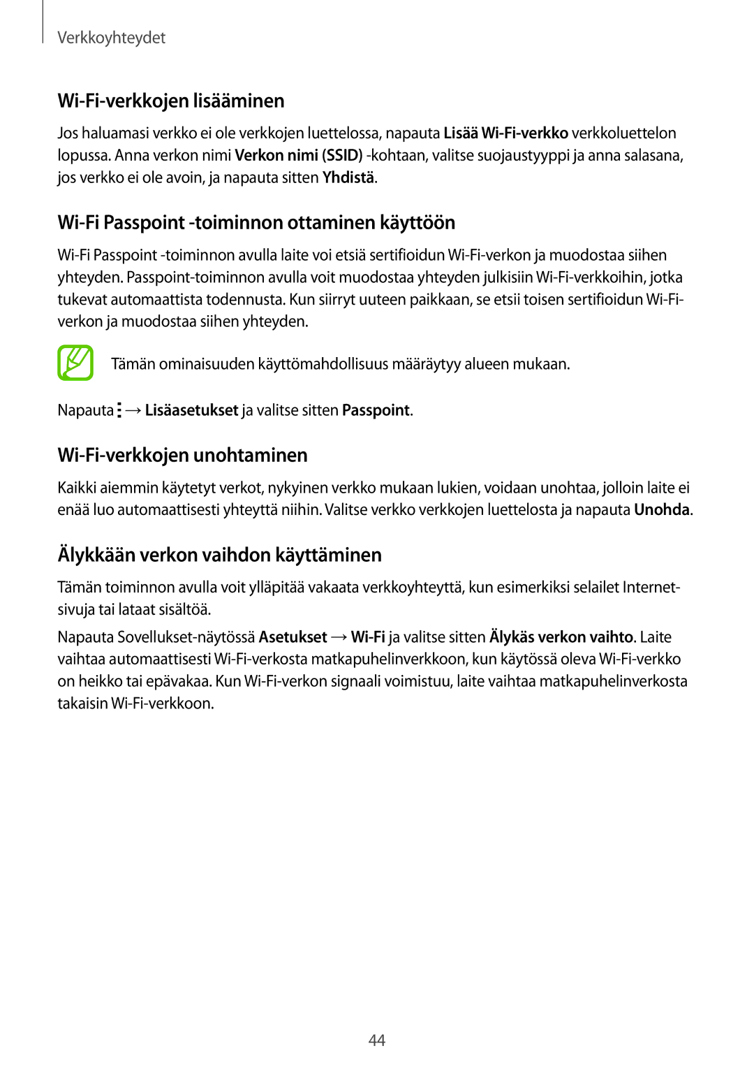 Samsung SM-G800FZBANEE, SM-G800FZWANEE manual Wi-Fi-verkkojen lisääminen, Wi-Fi Passpoint -toiminnon ottaminen käyttöön 
