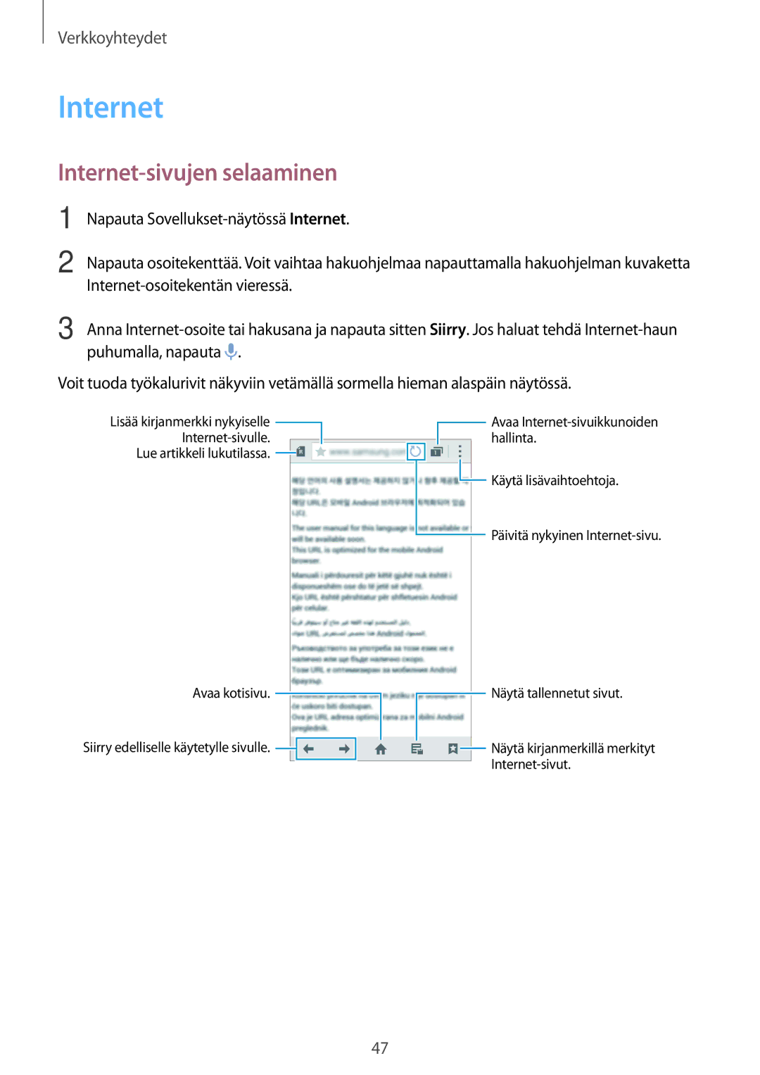 Samsung SM-G800FZDANEE, SM-G800FZWANEE, CG-G800FZKRNEE, SM-G800FZKANEE, SM-G800FZBANEE manual Internet-sivujen selaaminen 