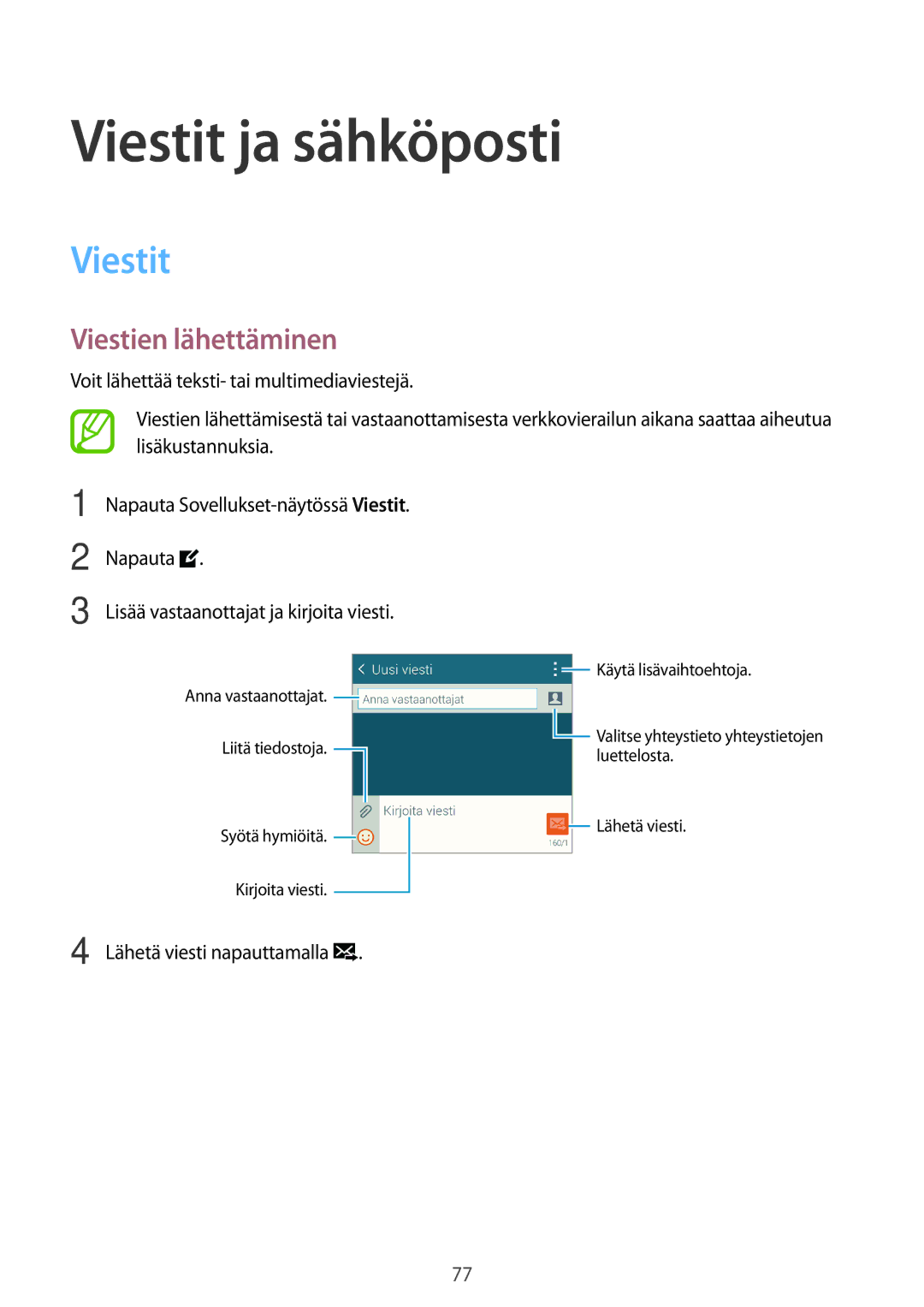 Samsung SM-G800FZDANEE, SM-G800FZWANEE, CG-G800FZKRNEE, SM-G800FZKANEE Viestit ja sähköposti, Viestien lähettäminen, Napauta 