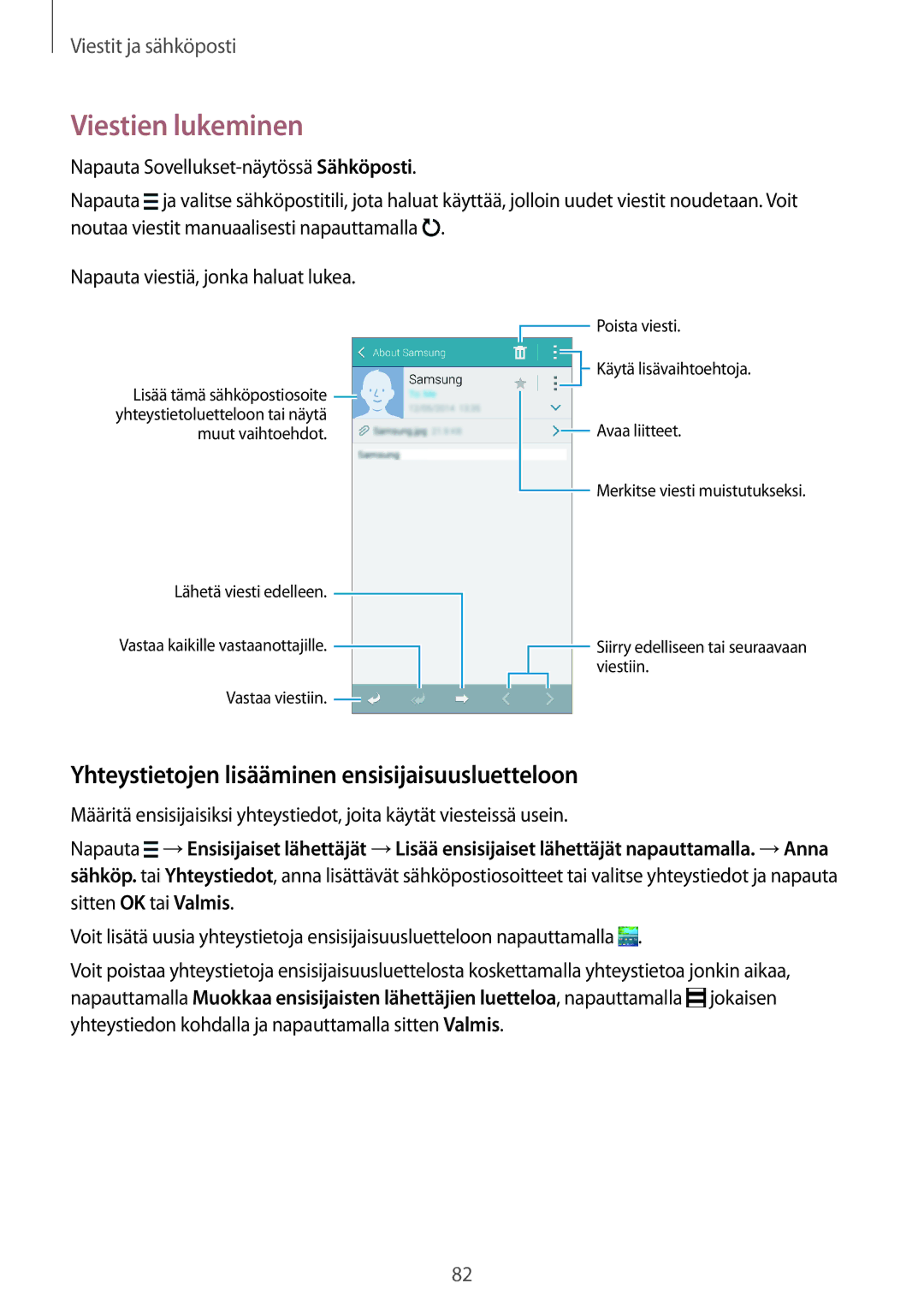 Samsung SM-G800FZDANEE, SM-G800FZWANEE manual Viestien lukeminen, Yhteystietojen lisääminen ensisijaisuusluetteloon 