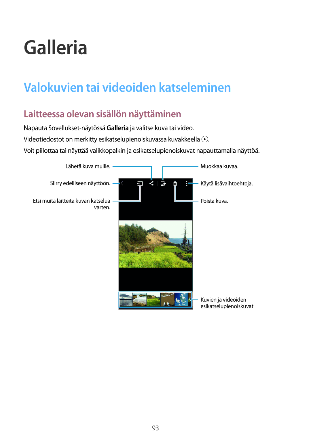 Samsung SM-G800FZKANEE manual Galleria, Valokuvien tai videoiden katseleminen, Laitteessa olevan sisällön näyttäminen 