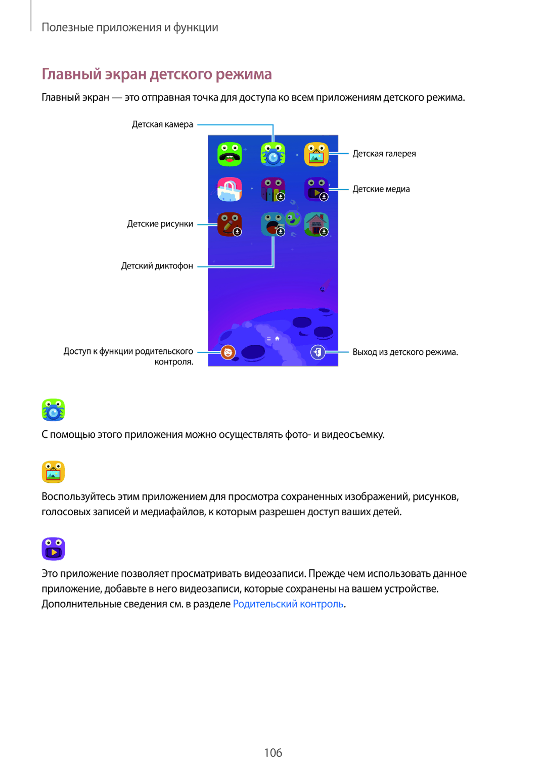 Samsung SM-G800FZBASEB, SM-G800FZWASEB, SM-G800FZKASEB, SM-G800FZDASEB, SM-G800FZBASER manual Главный экран детского режима 