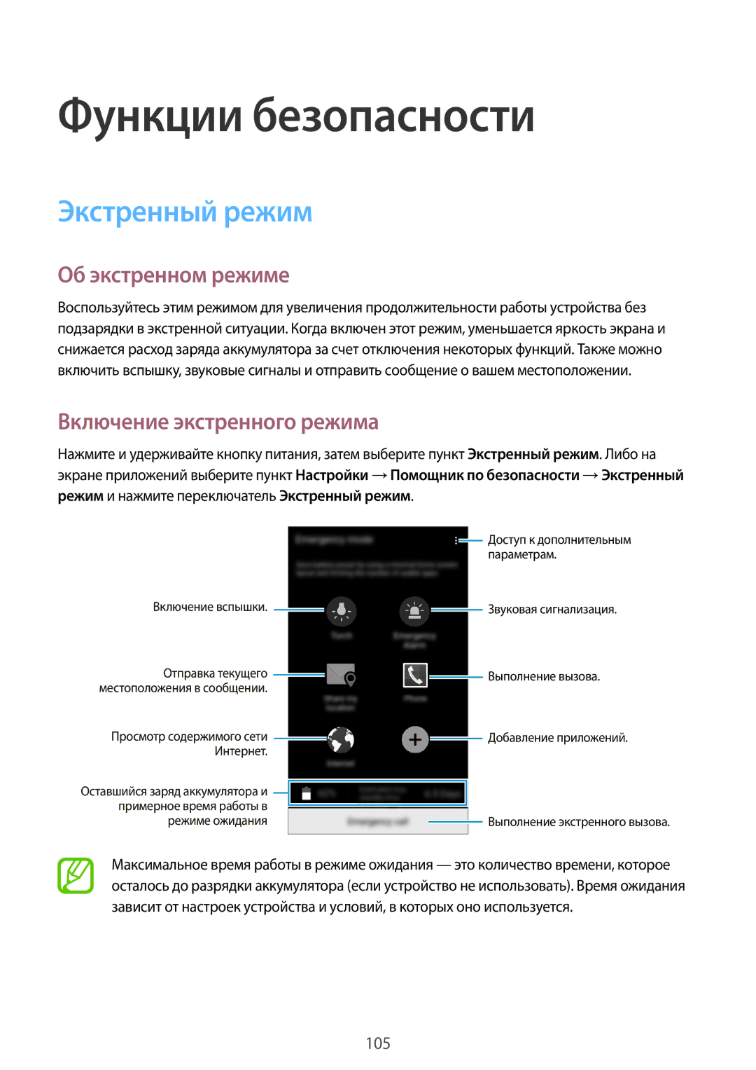 Samsung SM-G800FZKASEB manual Функции безопасности, Экстренный режим, Об экстренном режиме, Включение экстренного режима 