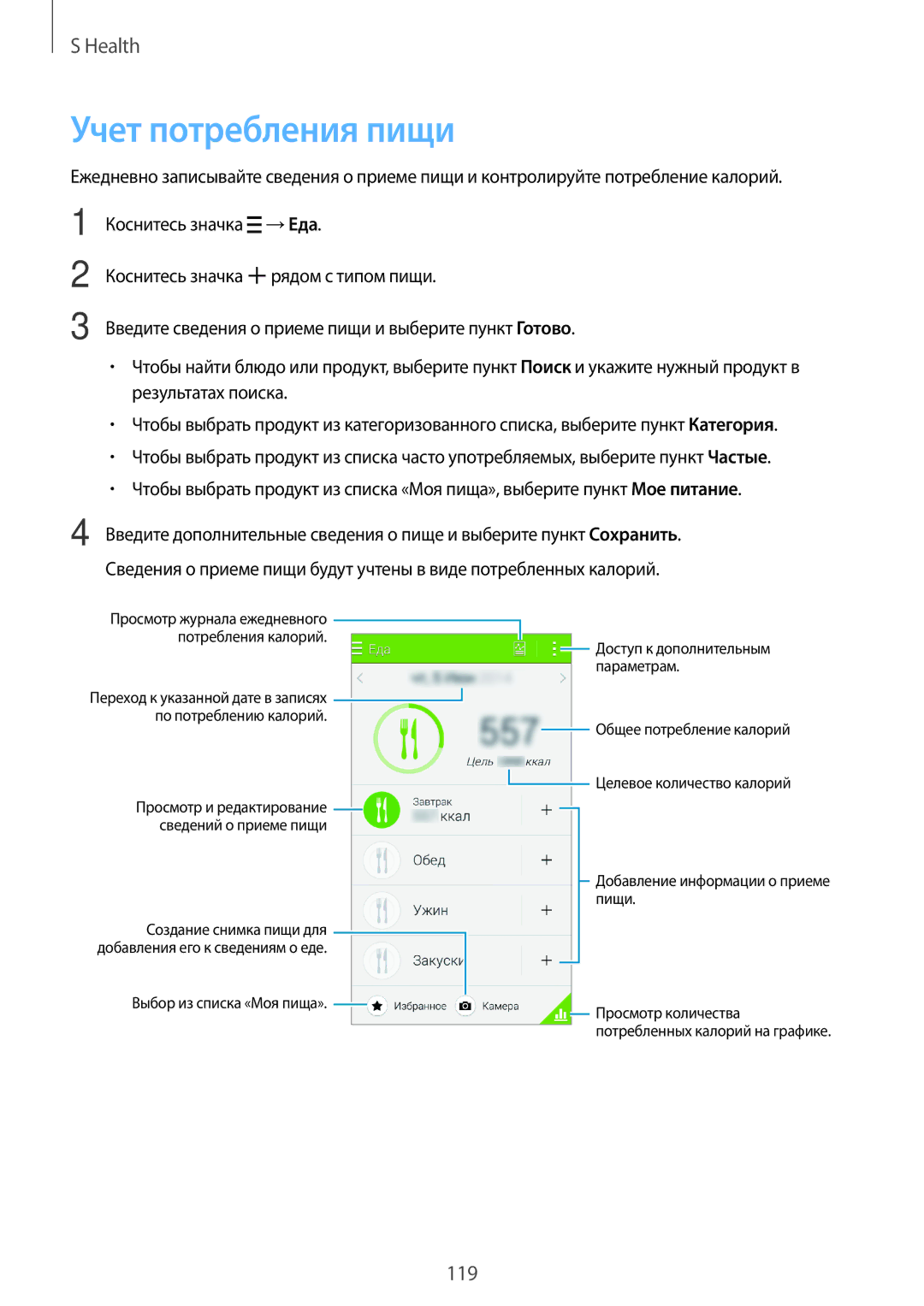 Samsung SM-G800FZKASER, SM-G800FZWASEB, SM-G800FZKASEB, SM-G800FZBASEB, SM-G800FZDASEB, SM-G800FZBASER Учет потребления пищи 