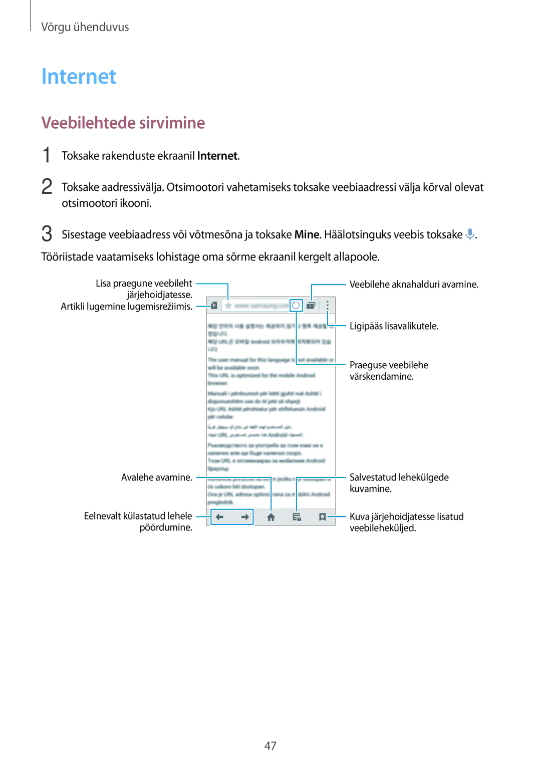 Samsung SM-G800FZDASEB, SM-G800FZWASEB, SM-G800FZKASEB, SM-G800FZBASEB manual Internet, Veebilehtede sirvimine 