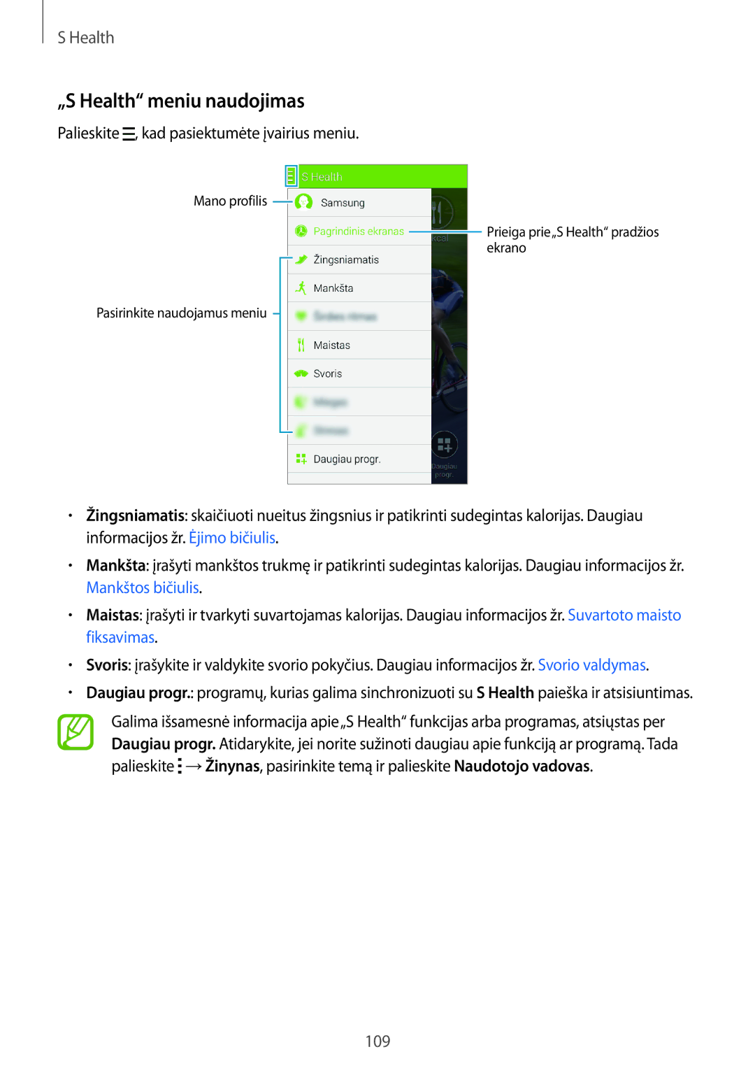 Samsung SM-G800FZKASEB, SM-G800FZWASEB manual „S Health meniu naudojimas, Palieskite , kad pasiektumėte įvairius meniu 