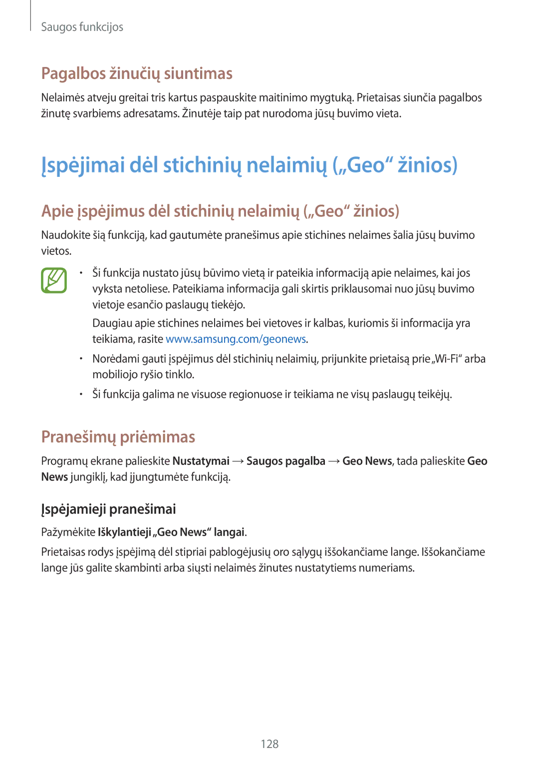 Samsung SM-G800FZWASEB manual Įspėjimai dėl stichinių nelaimių „Geo žinios, Pagalbos žinučių siuntimas, Pranešimų priėmimas 
