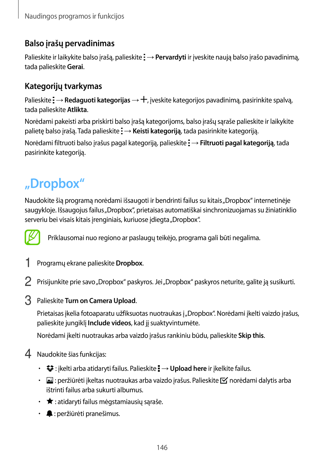 Samsung SM-G800FZBASEB manual „Dropbox, Balso įrašų pervadinimas, Kategorijų tvarkymas, Palieskite Turn on Camera Upload 