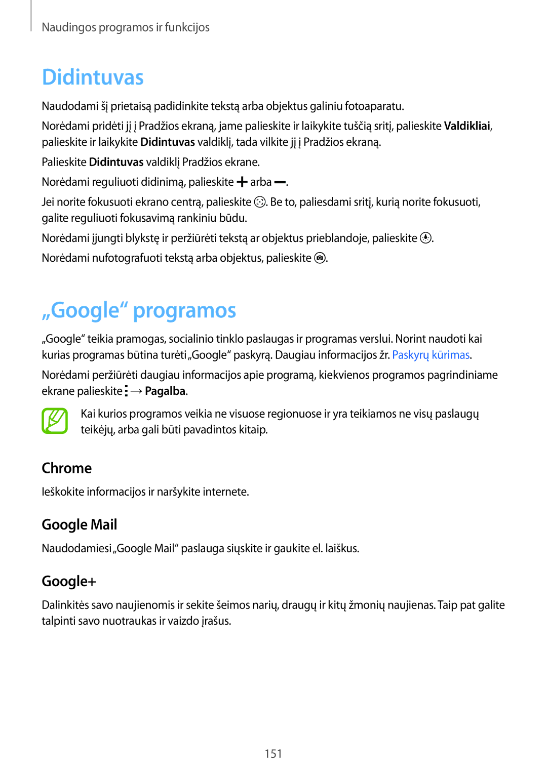Samsung SM-G800FZDASEB, SM-G800FZWASEB manual Didintuvas, „Google programos, Ieškokite informacijos ir naršykite internete 