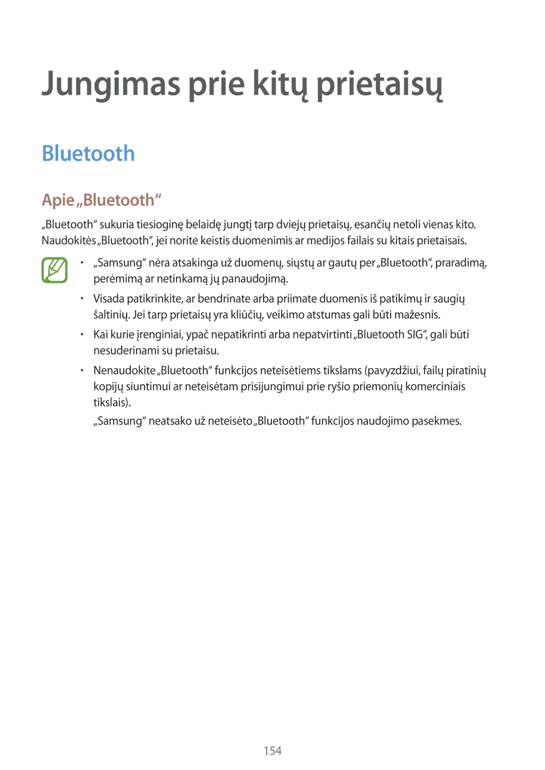 Samsung SM-G800FZBASEB, SM-G800FZWASEB, SM-G800FZKASEB, SM-G800FZDASEB manual Jungimas prie kitų prietaisų, Apie„Bluetooth 