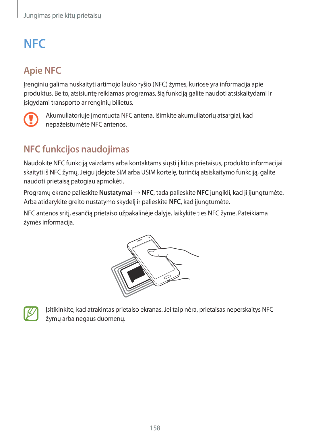 Samsung SM-G800FZBASEB, SM-G800FZWASEB, SM-G800FZKASEB, SM-G800FZDASEB manual Apie NFC, NFC funkcijos naudojimas 