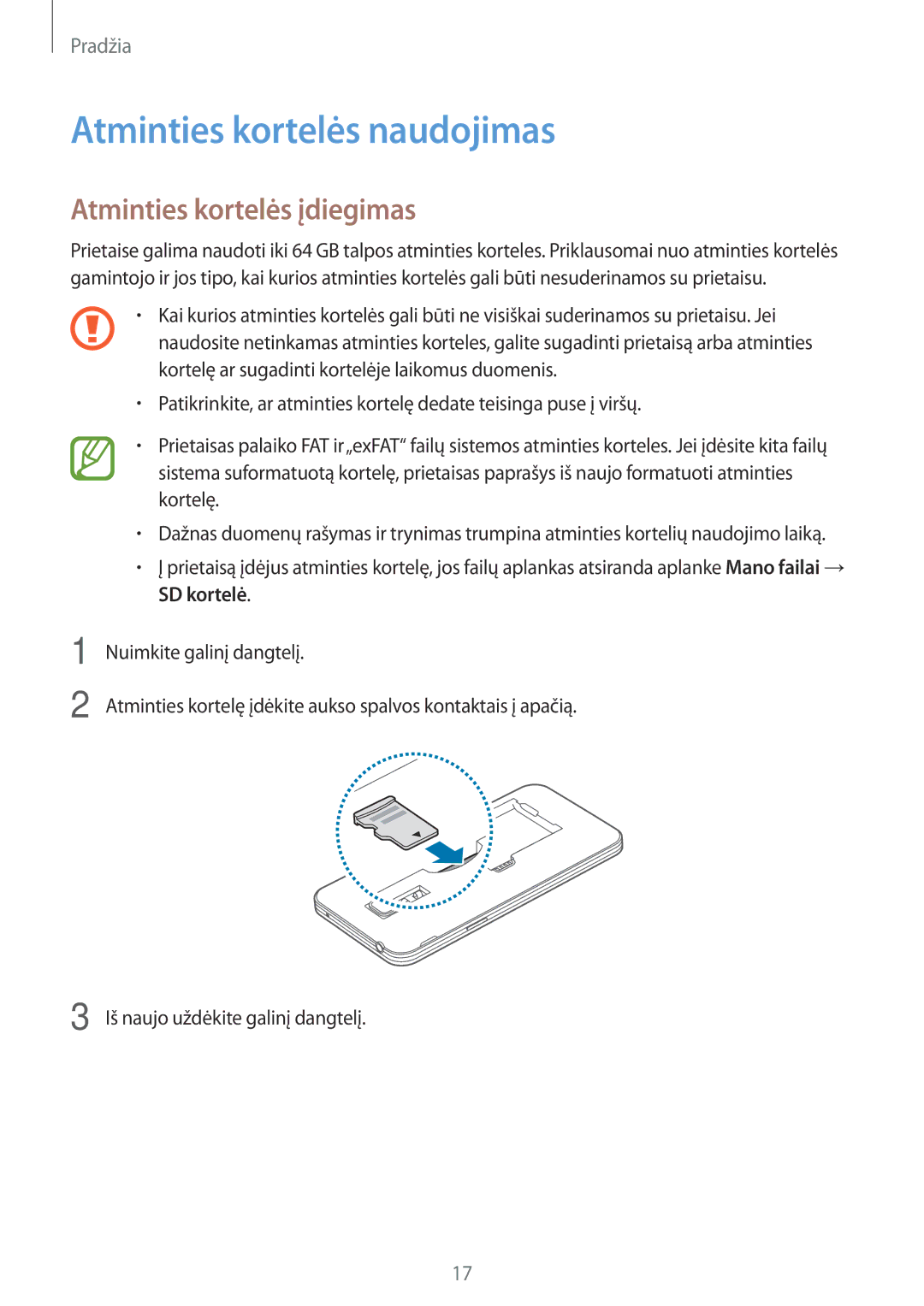 Samsung SM-G800FZKASEB, SM-G800FZWASEB, SM-G800FZBASEB manual Atminties kortelės naudojimas, Atminties kortelės įdiegimas 