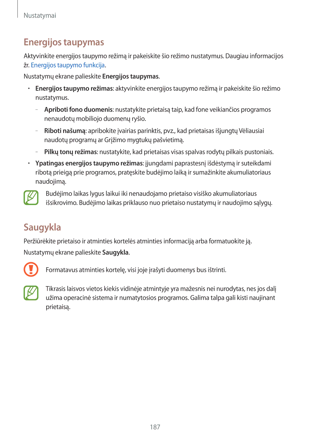 Samsung SM-G800FZDASEB, SM-G800FZWASEB, SM-G800FZKASEB, SM-G800FZBASEB manual Energijos taupymas, Saugykla 