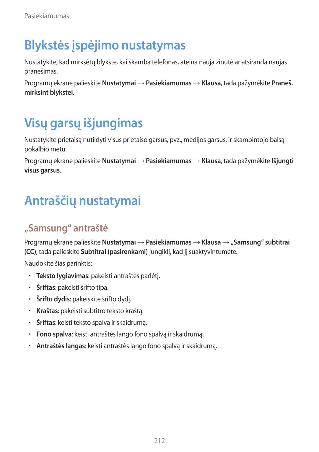 Samsung SM-G800FZWASEB manual Blykstės įspėjimo nustatymas, Visų garsų išjungimas, Antraščių nustatymai, „Samsung antraštė 