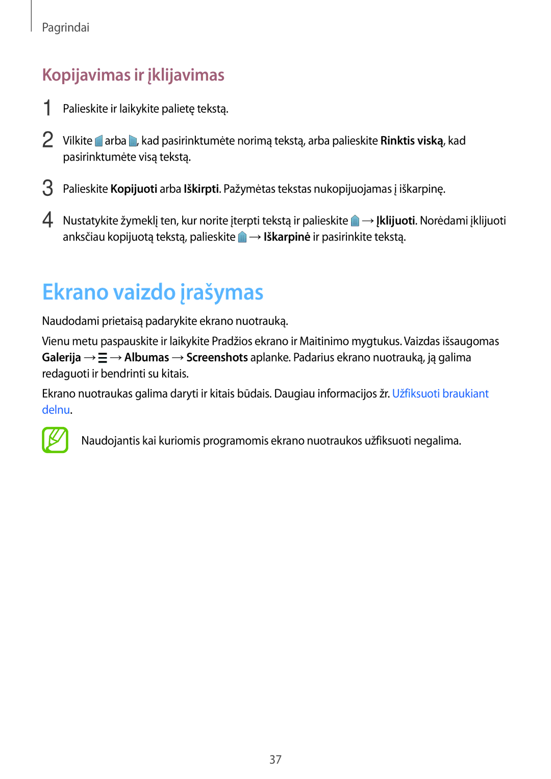 Samsung SM-G800FZKASEB manual Ekrano vaizdo įrašymas, Kopijavimas ir įklijavimas, Palieskite ir laikykite palietę tekstą 