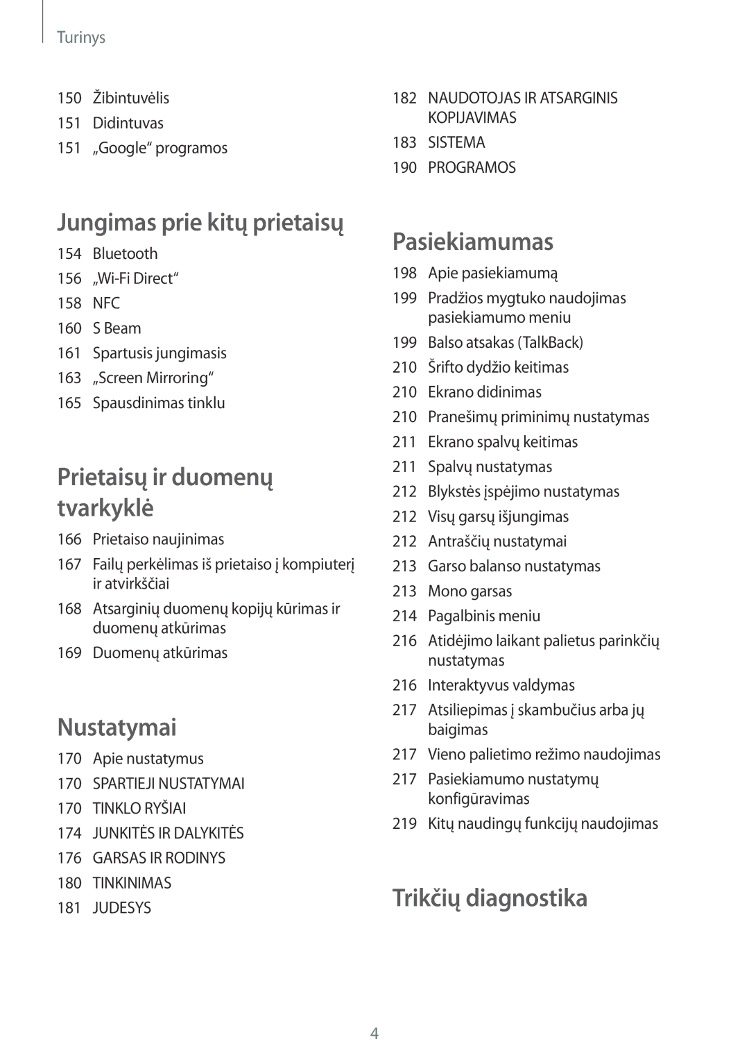 Samsung SM-G800FZWASEB manual 150 Žibintuvėlis Didintuvas 151 „Google programos, Apie nustatymus, Apie pasiekiamumą 