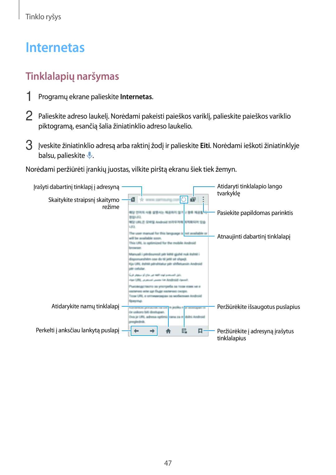 Samsung SM-G800FZDASEB, SM-G800FZWASEB, SM-G800FZKASEB, SM-G800FZBASEB manual Internetas, Tinklalapių naršymas 