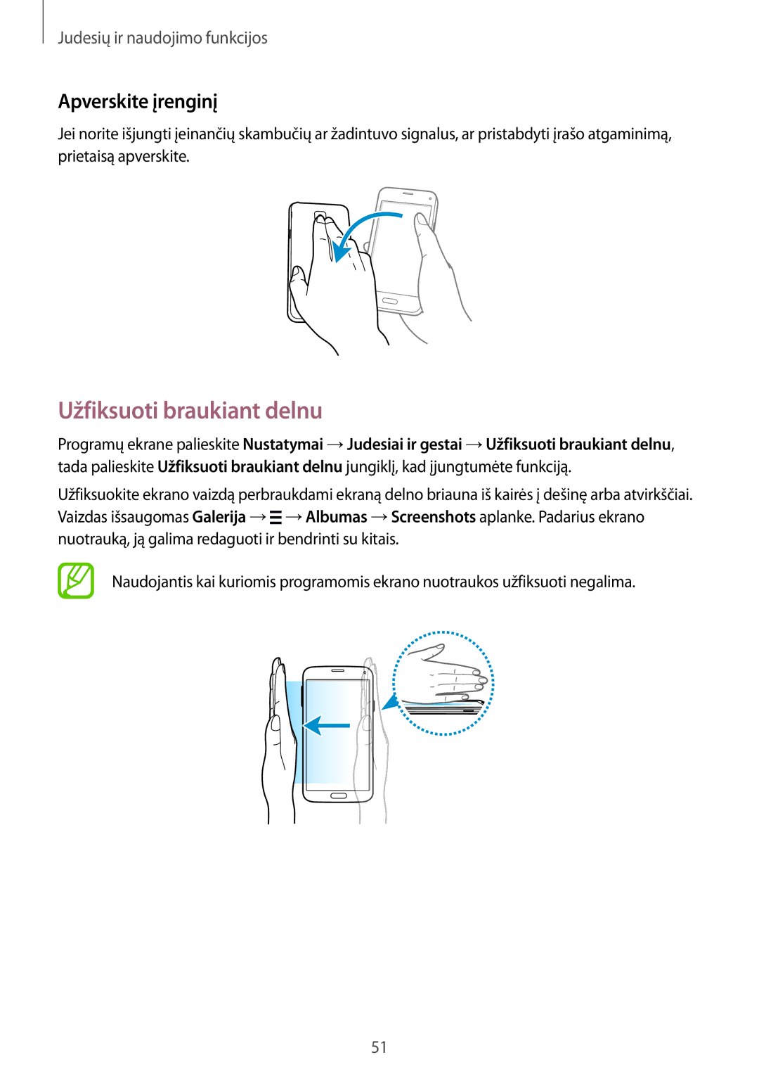 Samsung SM-G800FZDASEB, SM-G800FZWASEB, SM-G800FZKASEB, SM-G800FZBASEB manual Užfiksuoti braukiant delnu, Apverskite įrenginį 