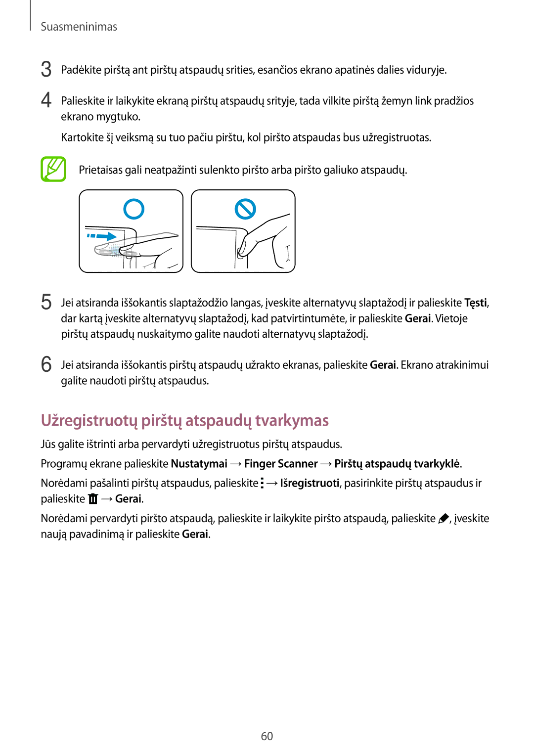 Samsung SM-G800FZWASEB, SM-G800FZKASEB, SM-G800FZBASEB, SM-G800FZDASEB manual Užregistruotų pirštų atspaudų tvarkymas 