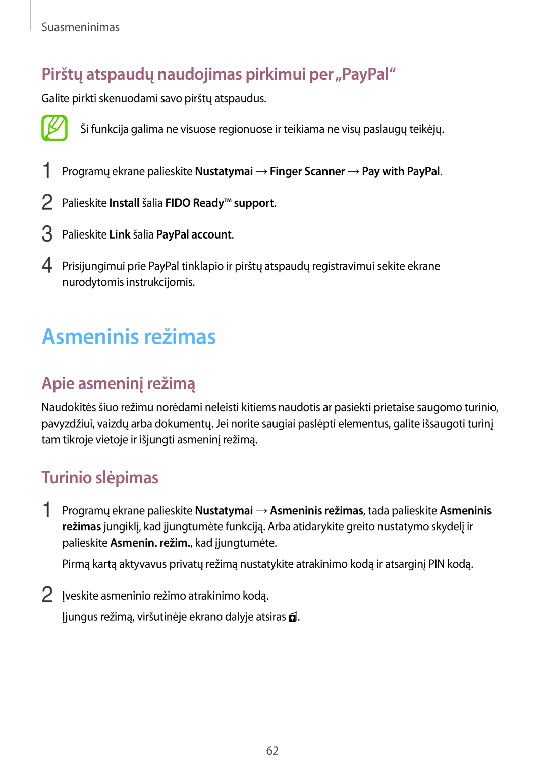 Samsung SM-G800FZBASEB manual Asmeninis režimas, Pirštų atspaudų naudojimas pirkimui per„PayPal, Apie asmeninį režimą 